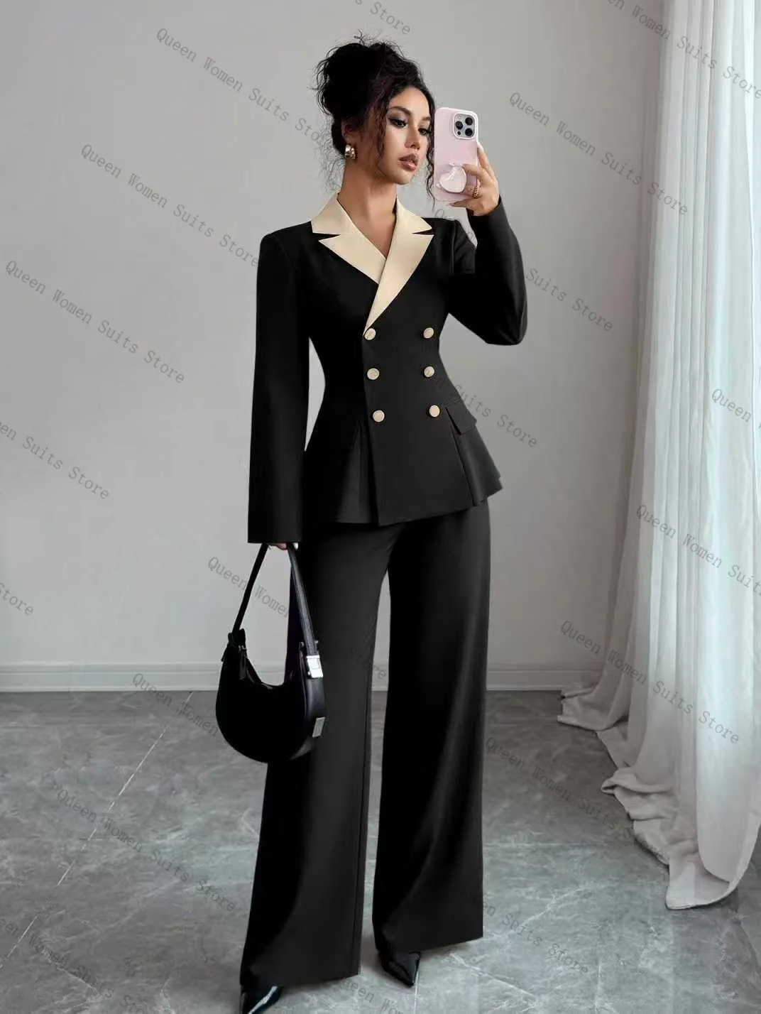 

Black Beige Women Suit Set 2 Piece Blazer+Pants Trousers Formal Office Lady Jacket Autumn Cotton Wedding Guest Coat Customized
