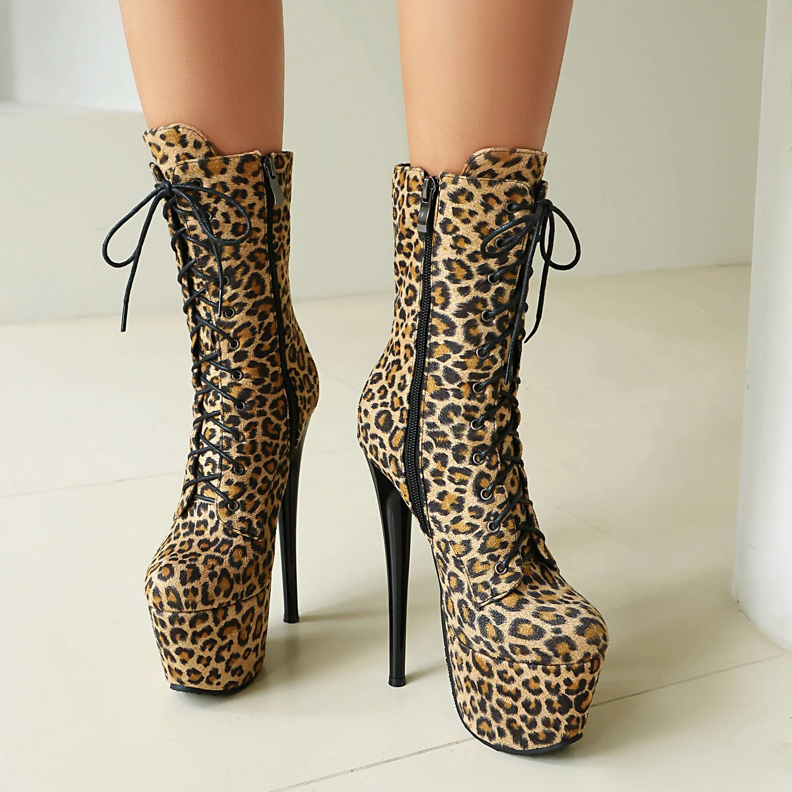 Damen-Stiefel mit Leopardenmuster, Plateau-Stiletto-Absatz, mittelhohe Stiefel, sexy Schnür- und Reißverschluss-Party-Absätze, modische Clubwear – Detail 5