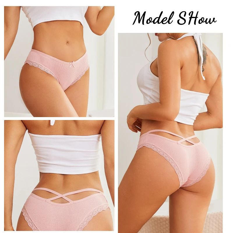 4PCS/Set Women Cotton Panties Sexy Lace Braizlian Panties Low Rise Hollow Out Underwear for Female Cute Bow Breathable Lingerie