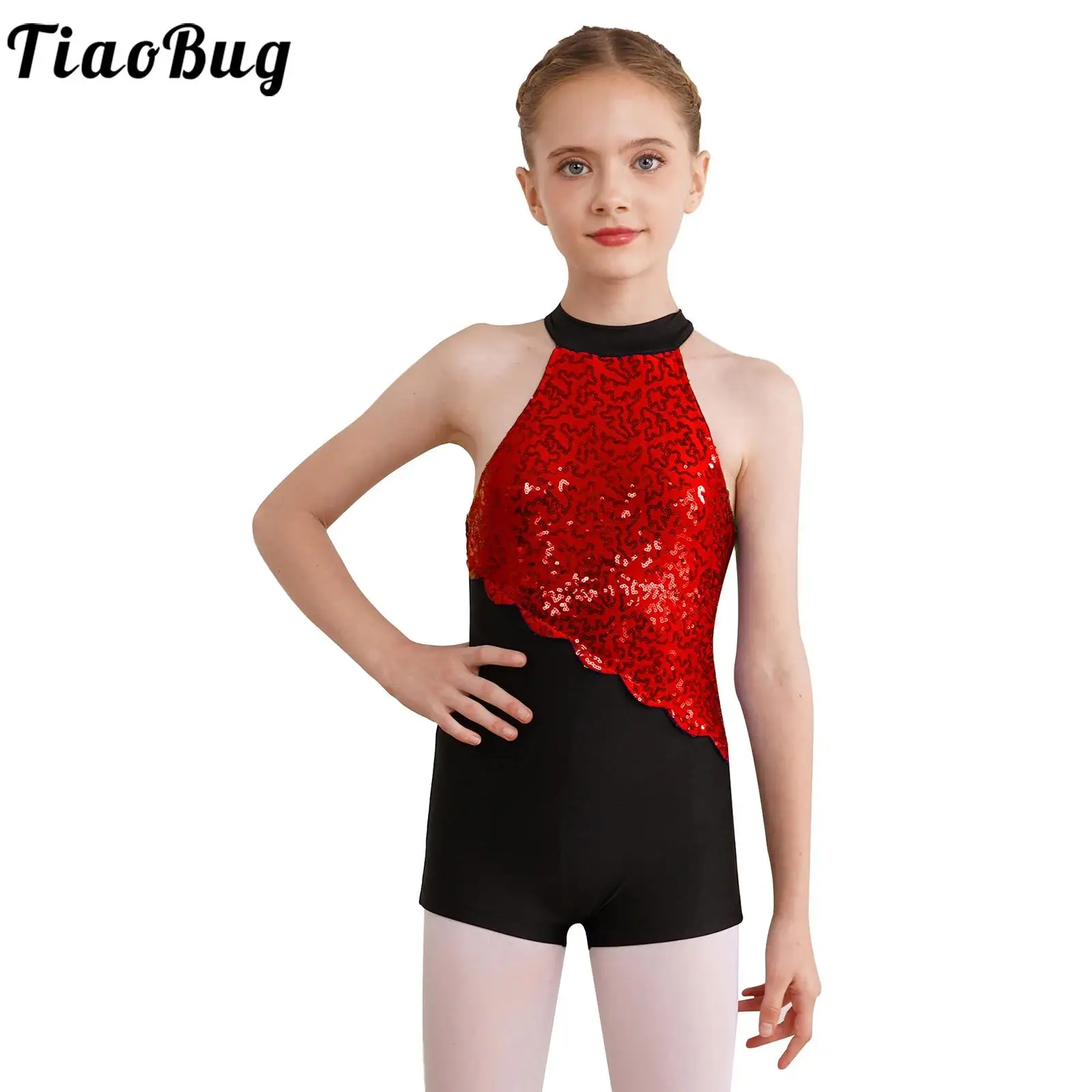 Kids Girls Latin Jazz Dance Costumes Unitard Bodysuit Halter Neck Sequined Leotard Gymnastics Jumpsuit Ballet Skating Dancewear