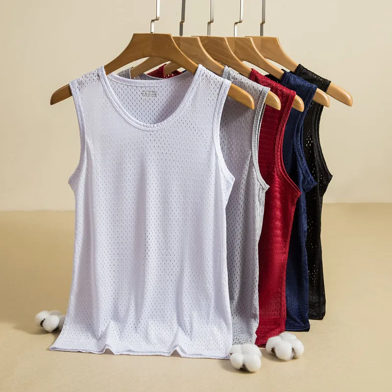 Men Mesh Tank Top Hole Sleeveless T Shirts Ice Silk Vest Quick-Drying Men Tops Casual Summer Breathable Sport Thin Outer Wear