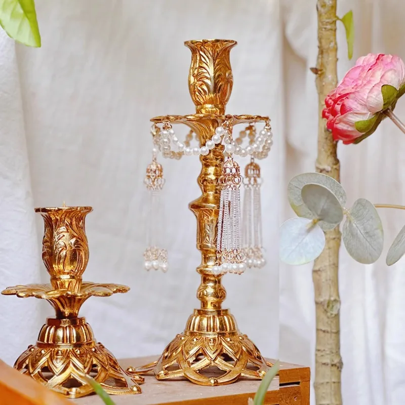 European Brass Candle Holder with Hand-Carved Floral Tabletop Decor for Dining Room & Photo Shooting Props Antique Copper Home
