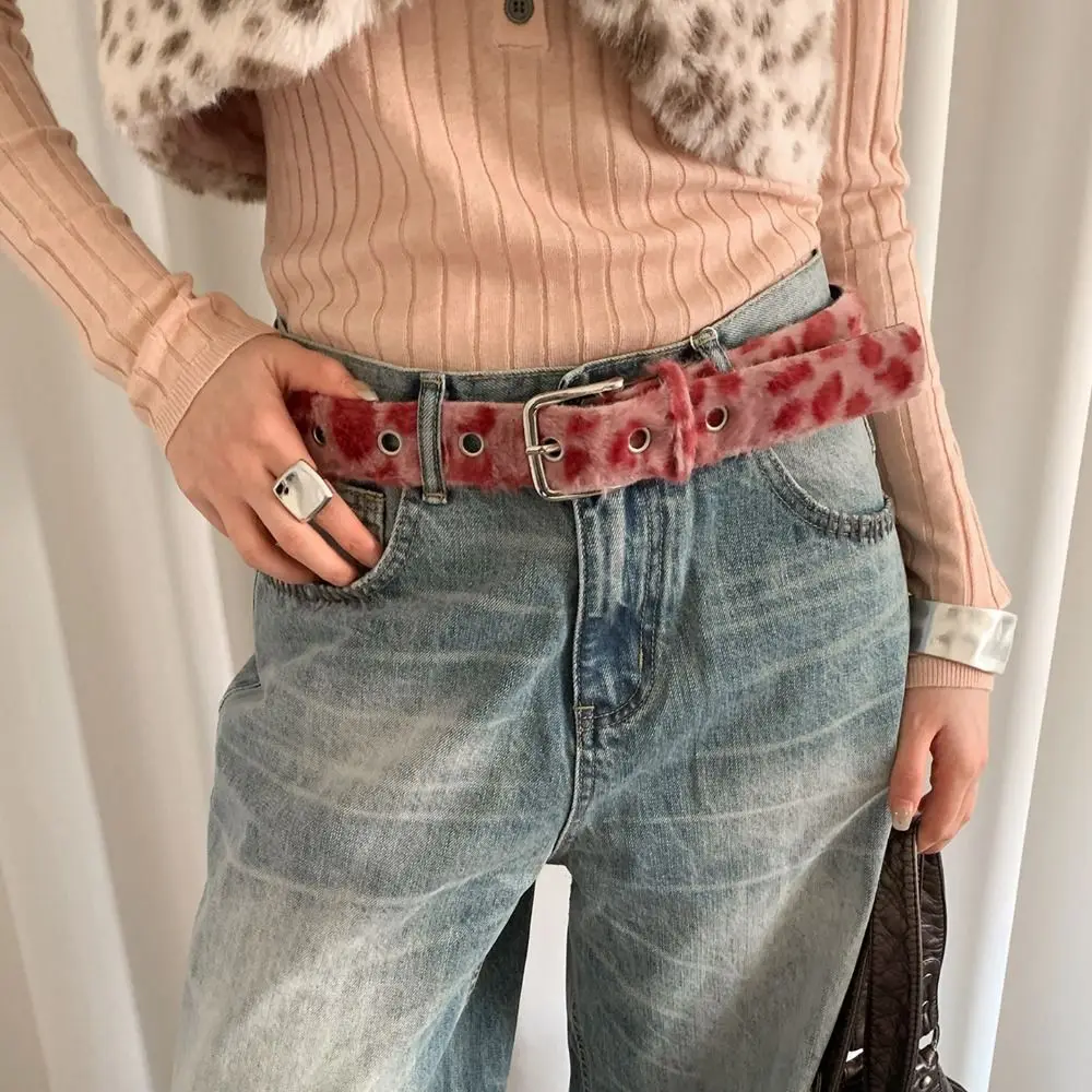 

Fashion Adjustable Leopard Print Belt Korean Style Harajuku Retro Y2k Belt Plush Pink Trouser Decoration Clothing Accessories