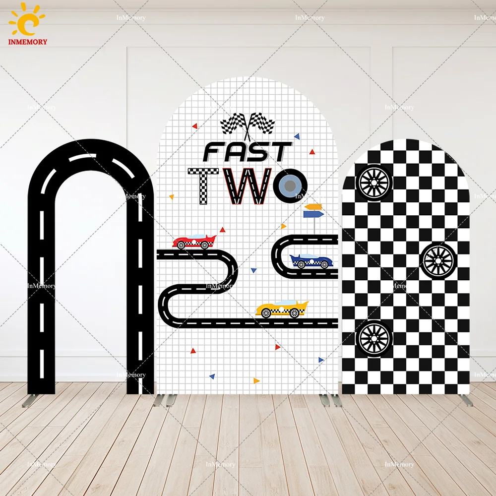 

2-Sided Arch Backdrops TWO FAST Boys Birthday Party Decor Black Road U-Shape Racing Kid Background Custom Photo Studio Photocall