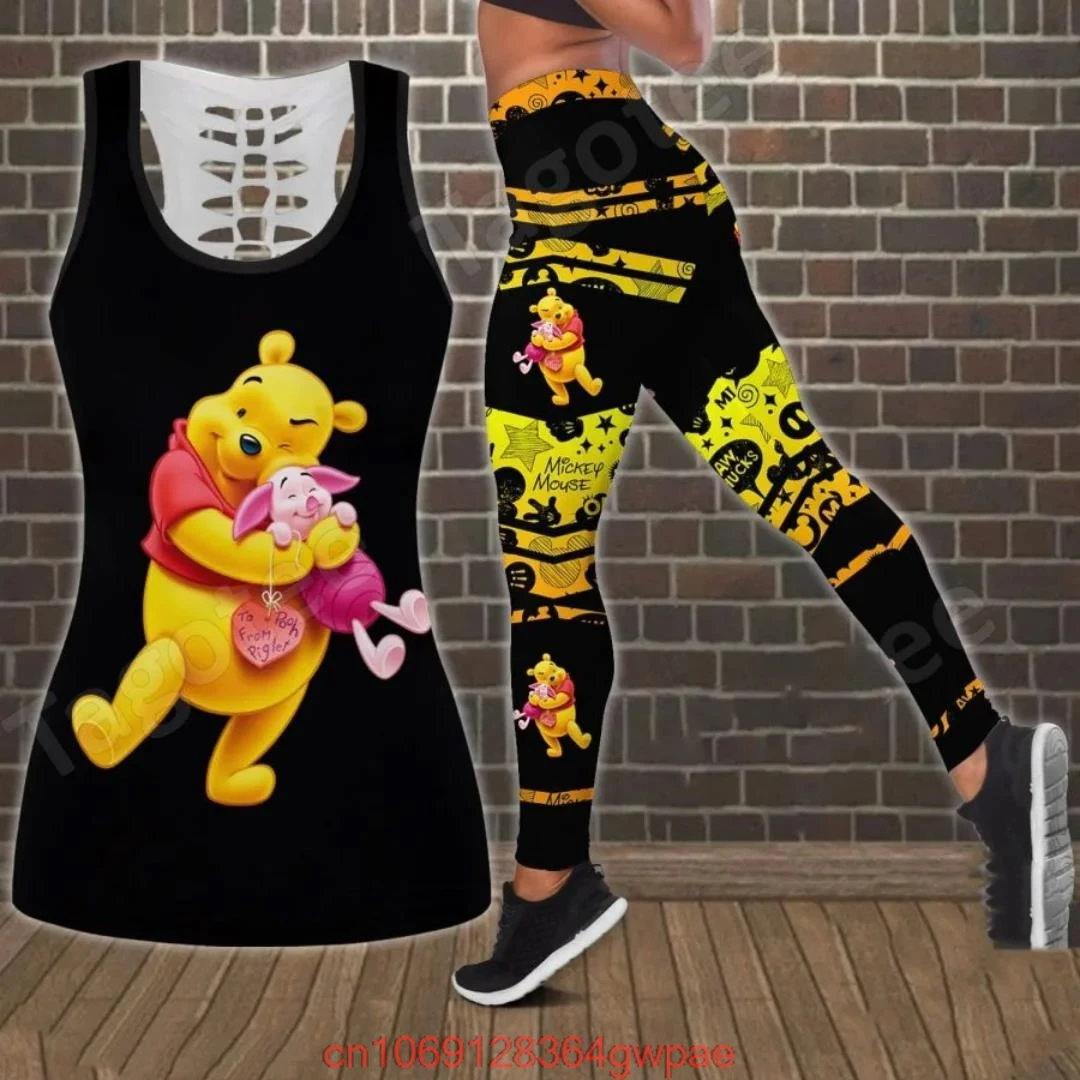 Winnie the Pooh Women's Hollow Tanktop Leggings Yoga Set Summer Fitness Leggings Tracksuit Disney Cutout Tank Top Leggings Set