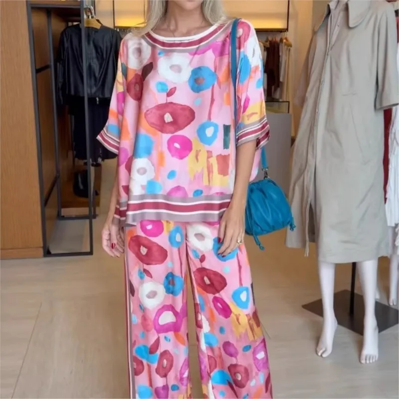 

Casual Vacation Woman 2 Piece Set New Summer Printed Loose Short-sleeved Top + Wide-leg Trousers Large Size Oversize Suit Outfit