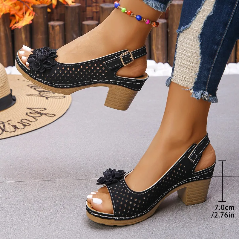 Peep Toe Bloem Versierd Dikke Hoge Hakken Voor Vrouwen 2025, Nieuwe Mode Casual Effen Kleur Gesp Romeinse Sandalen