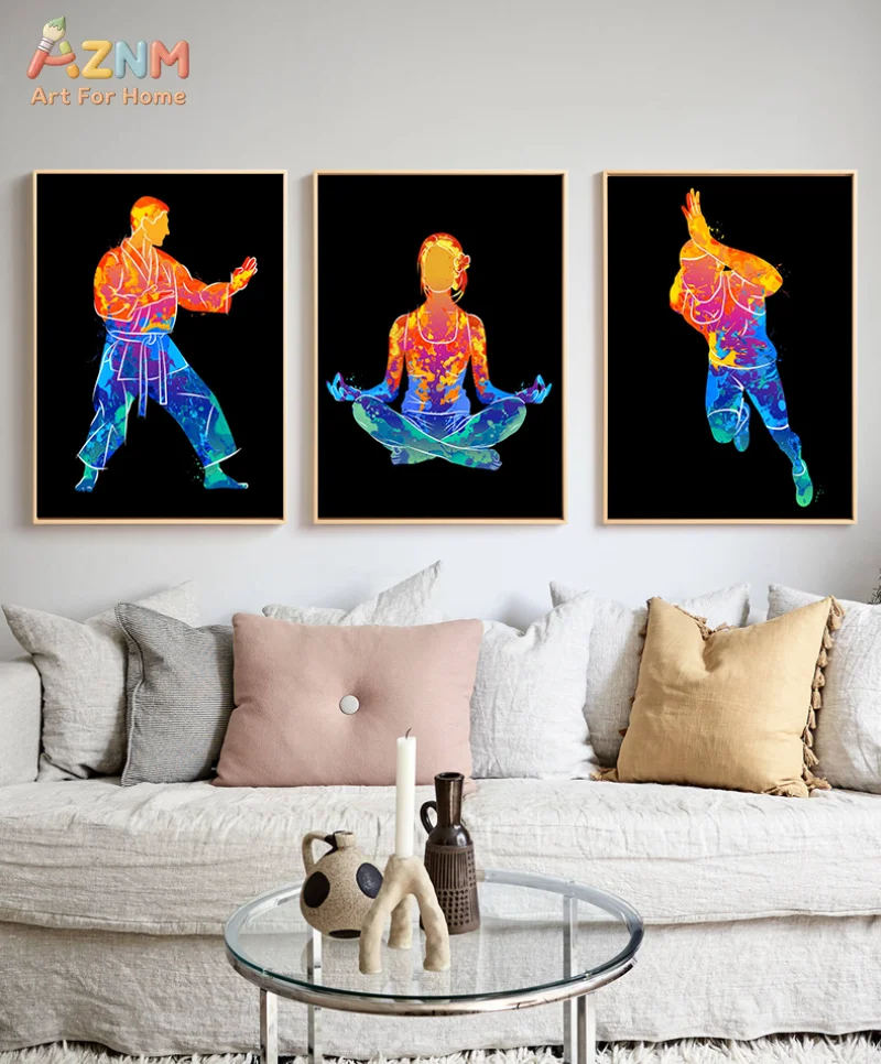 AZNM Frameless Canvas Poster Colorful Watercolor Sports Silhouette Print, Ski Tennis Yoga Boxing Gymnastics Athlete Wall Art Pic