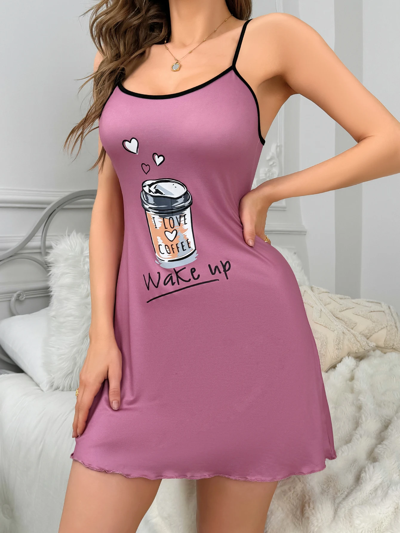 Women\'s new style halter pajamas Home wear casual pajamas casual skirt cute nightdress coffee pattern