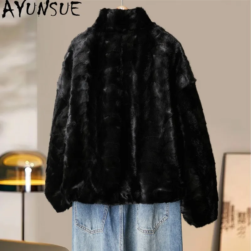 Casaco de Pele de Mink Real AYUNSUE para Mulheres, Jaqueta de Pele Reversível, Estilo com Gola Alta, Roupas Externas Pretas para o Inverno