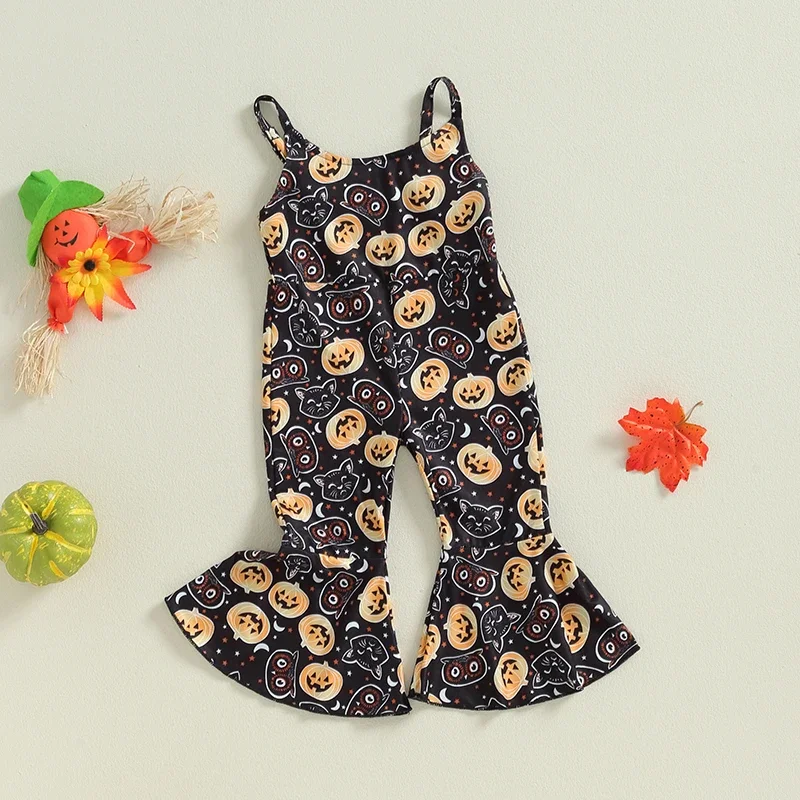 Kid Girls Jumpsuit Spaghetti Straps Pumpkin Print Romper Casual Halloween Costume