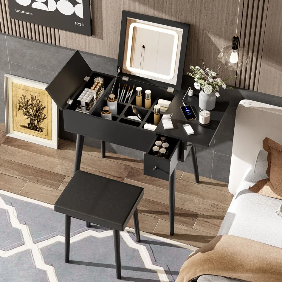 

27.9 Black Makeup Vanity Desk with Flip Top Mirror and LED Light Dressing Table with Charging Station 2 Drawers and Foldup Pane