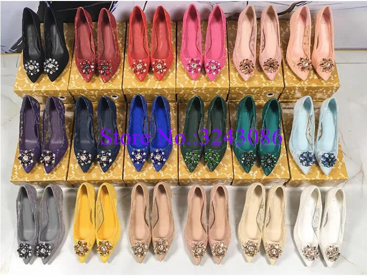 New Arrival Lace Crystal Lady Shoes Sexy 6/9 cm Stiletto Heel Pumps Woman Fashion Blue Beige Rose Red Color Wedding Shoes