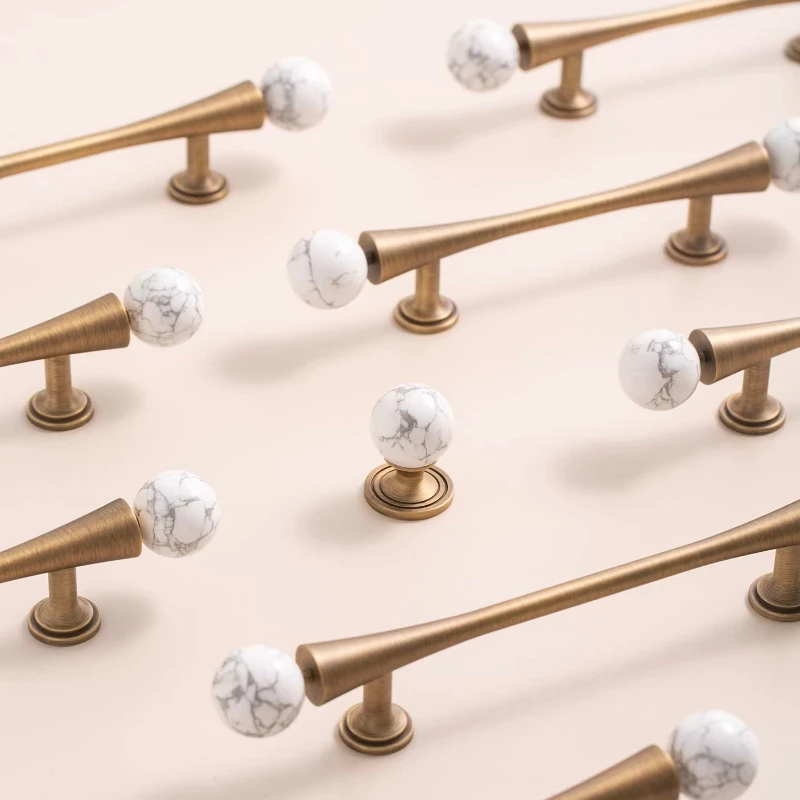 

Antique Bronze Home Decor Wardrobe Pulls White Marble + Brass Cabinet Door Handles Drawer Round Knobs Vintage Furniture Hardware