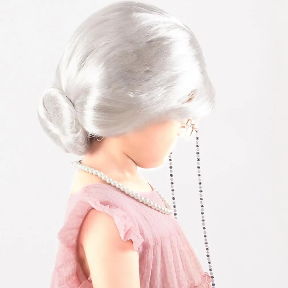 4Pcs/Set Kids Old Lady Costume Set Curly Bun White Wig Faux Pearl Necklace Wig Hat Glasses With Beads Chain School Cosplay Kit