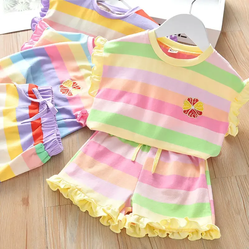 Children\'s Clothing Sets Floral Embroidery Short Sleeve Lace Top + Striped Printed Shorts 2pcs Sets Kids Clothes for Girls