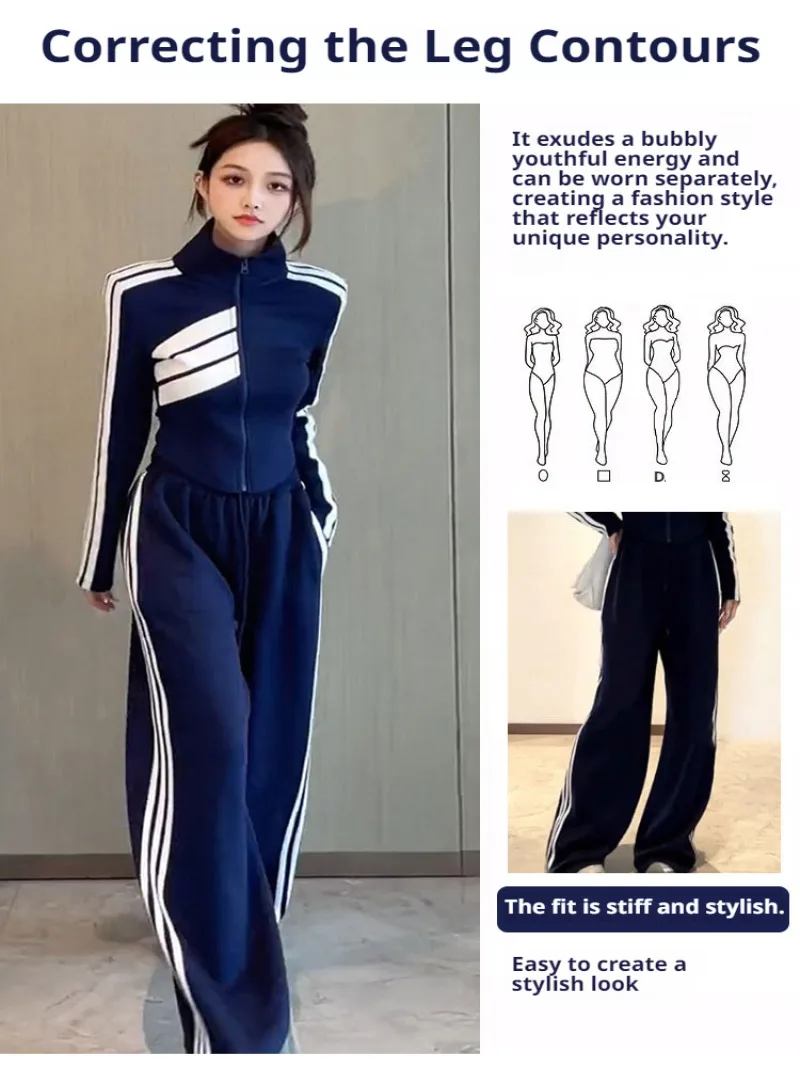 Ladies temperament thin sports suit Spring standing collar fashion suit women wide leg pants suit