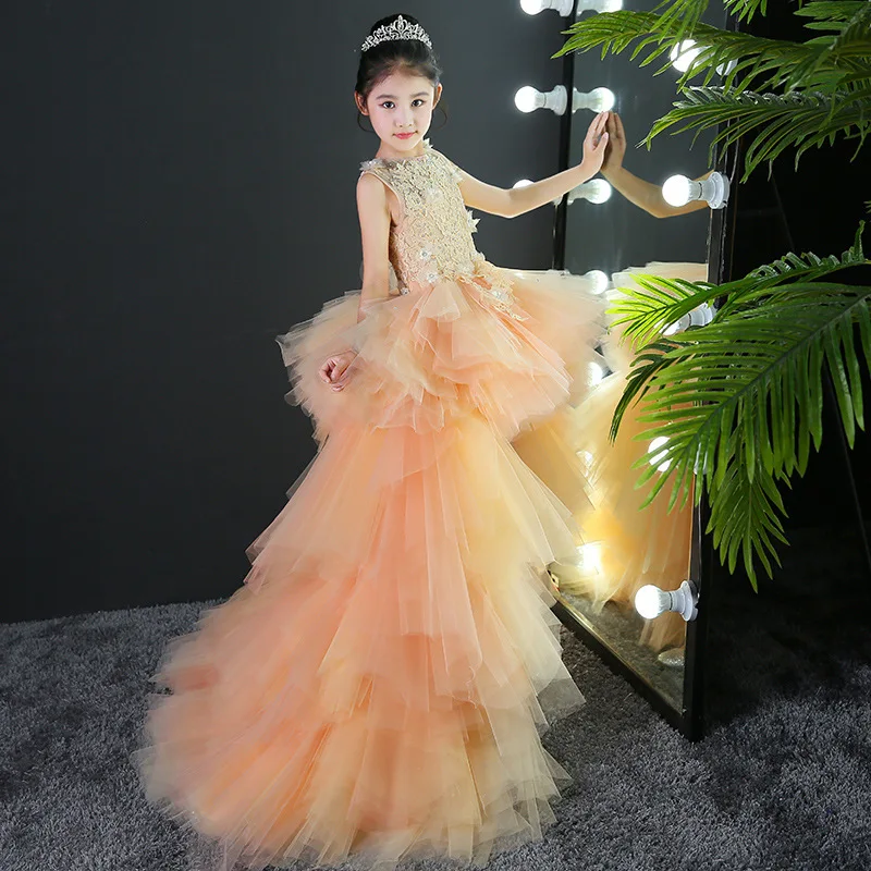 Little Girl's Trailing Wedding Dress Flower Girl Evening Gown Princess Dress for Catwalk Birthday Piano Performance Outfit