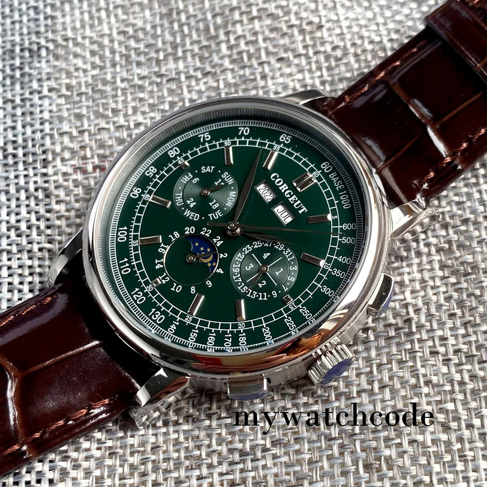 Corgeut Grün/Rosa/Weiß/Schwarz/Blau 42mm Multifunktionale ST1655 Poliert Automatische herren Armbanduhr Leder strap