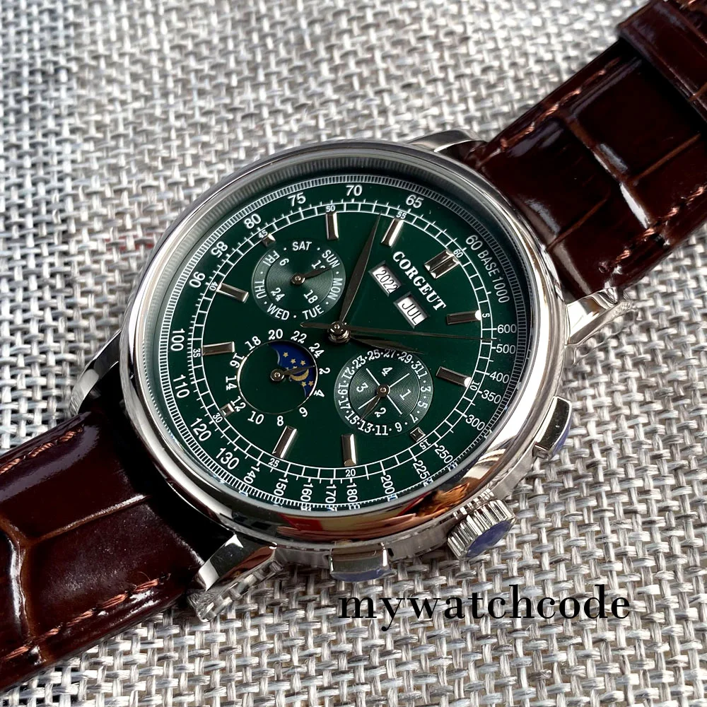 Corgeut zielony/różowy/biały/czarny/niebieski 42mm wielofunkcyjny ST1655 polerowany automatyczny zegarek męski skórzany pasek