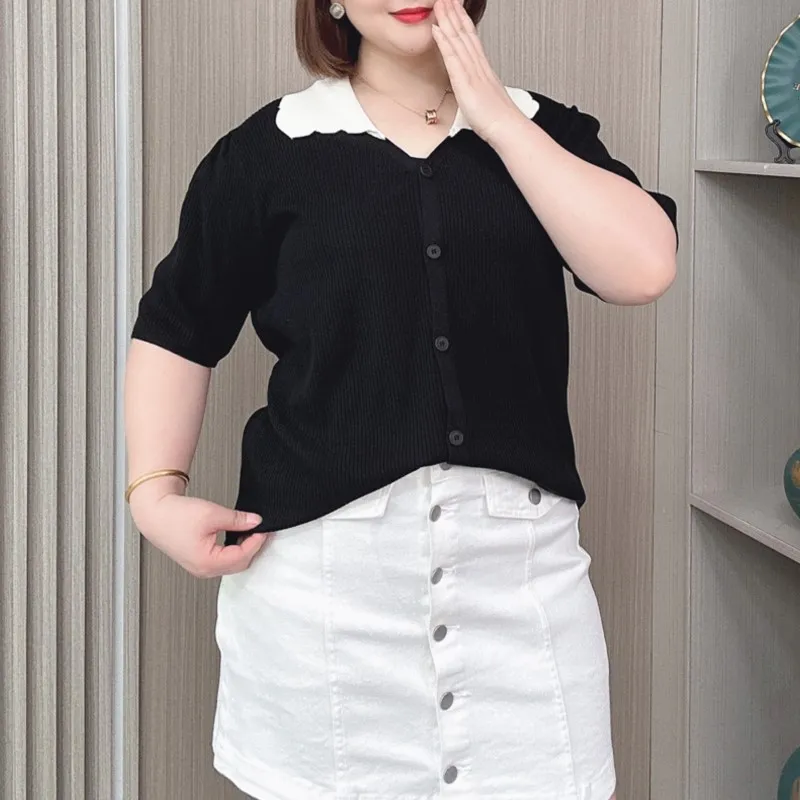 

Ice Silk Knitted Puff Sleeve T-shirt Women Summer New Plus Size Thin Peter Pan Collar Top