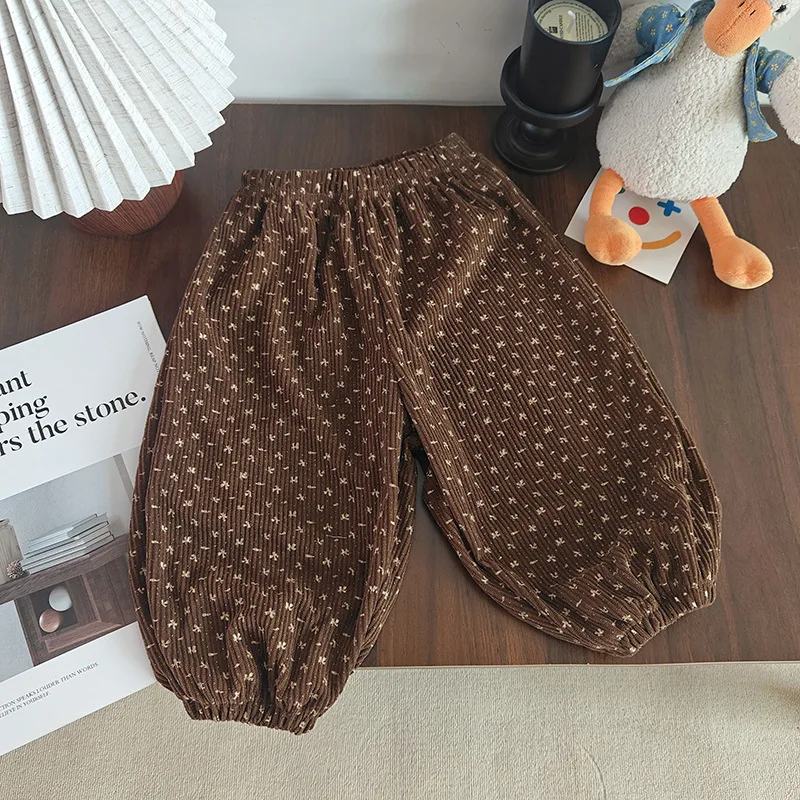Baby Girls Pants Kids Coffee Flower Pant Corduroy Trousers Spring Autumn Children's Clothing Korean Style