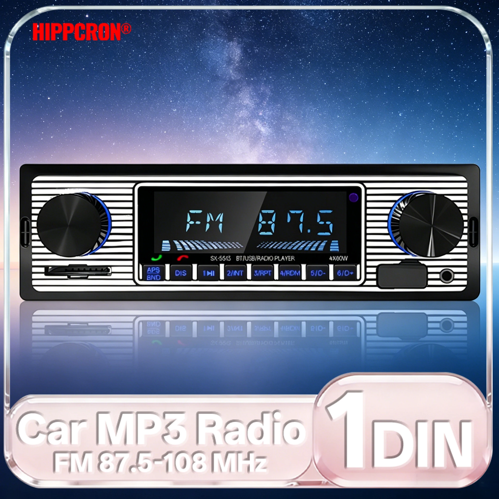 Rádio Automotivo Hippcron 1 DIN Estéreo Digital MP3 Player Bluetooth Áudio FM USB TF Música Viva-Voz com Entrada AUX no Painel 12V Clássico