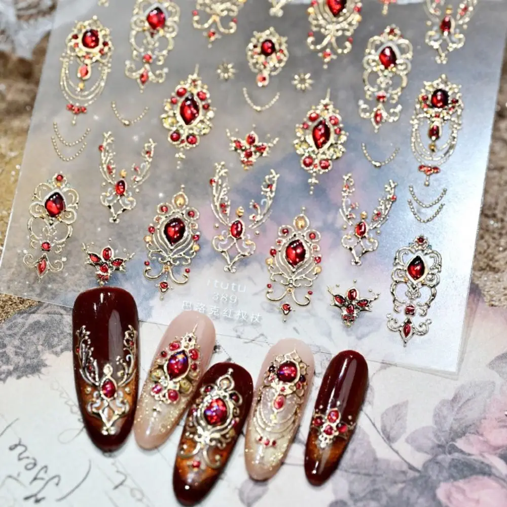 

Роскошные 5D наклейки для ногтей: изумрудно-красные, рубиновые, золотые, в стиле барокко, с блестящим эффектом, имитирующие драгоценные камни