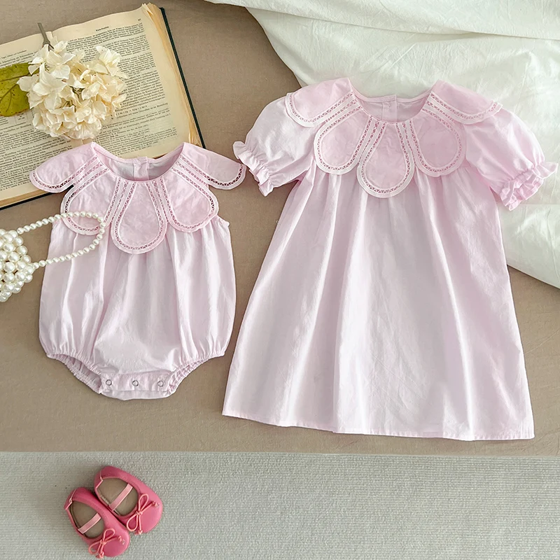 2024 Summer Infant Clothes Sister Look Pink Lace Embroidery Baby Girl Petal Collar Romper Elegant Princess Birthday Party Dress