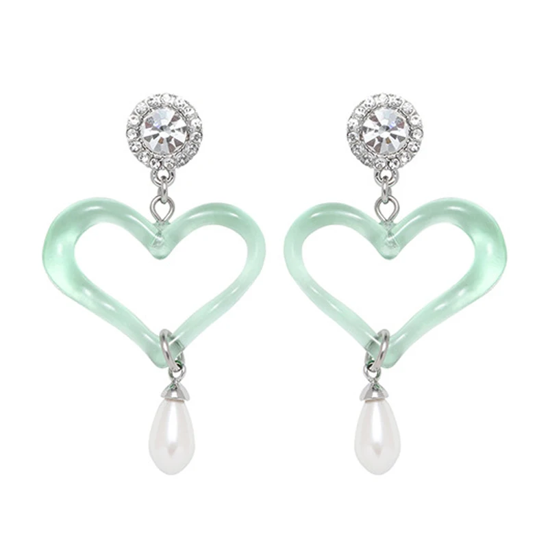 Eetit Green Resin Heart Love Drop Imitation Pearls Earrings for Women Stylish Glass Daily Zinc Alloy Jewelry 2024