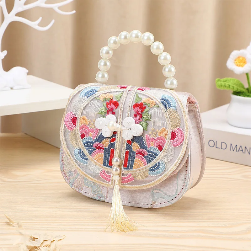 

Children's Bag Ancient Style Embroidery Coin Purse High-Grade Exquisite Little Princess Handbag Pearl Hand-Held Storage Wallet