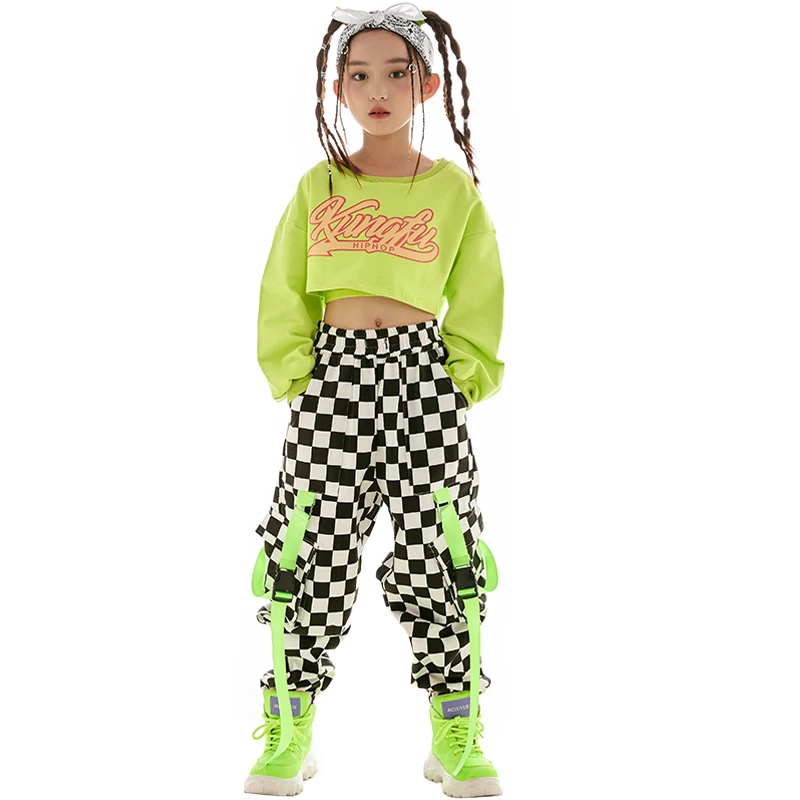 Meninas Hip Hop Performance Wear, Novo Tops Verde Fluorescente, Calças Cargo, Fato Esportivo, Dança Jazz Infantil, Trajes, 2023