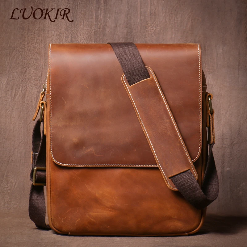 LUOKIR Vintage Classic Flap Real Leather Shoulder Bag Men Crazy Horse Cowhide Crossbody Deluxe Messenger Bags For 12 Inch IPad