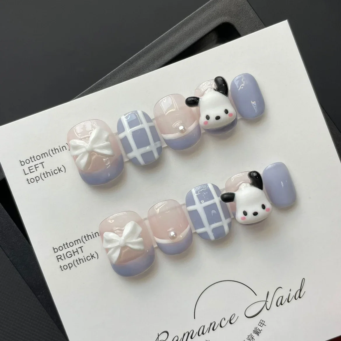 10pcs Dopamine Macarone Color Pochacco Handmade Nails Art Patch Blue Cute Girls Removable Wearable Finished Pressed Nail tips