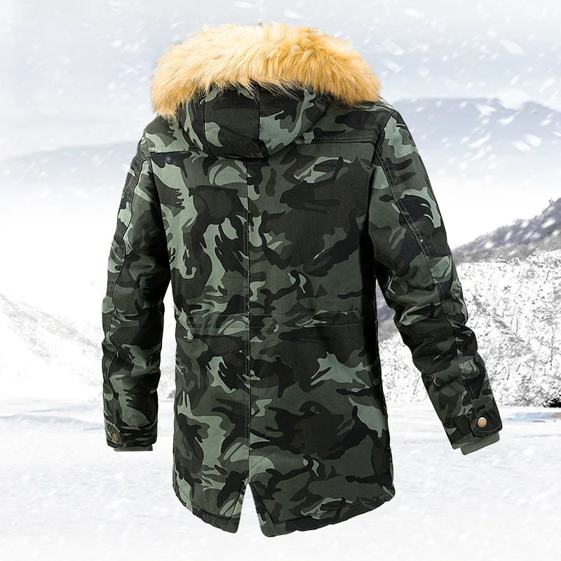 2024 Winter Outdoor Men\'s Cold Coat Warm Hunting Camouflage Thickened Mid-length Cotton Coat Work Camouflage Windproof Clothing