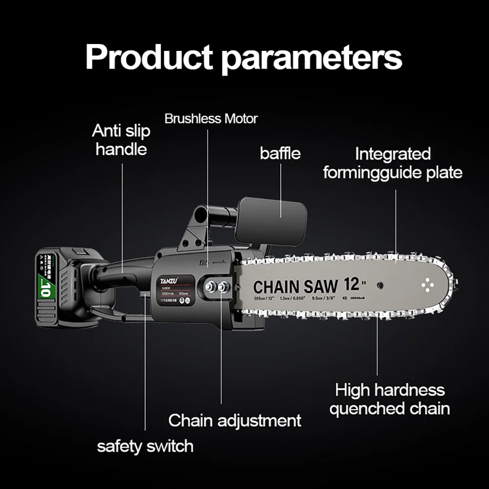 Brushless Motor Electric Chain Saw 12 Inch Garden Wood Cutting Chainsaw Cordless Pruning Power Tools With Lithium Battery Tanzu