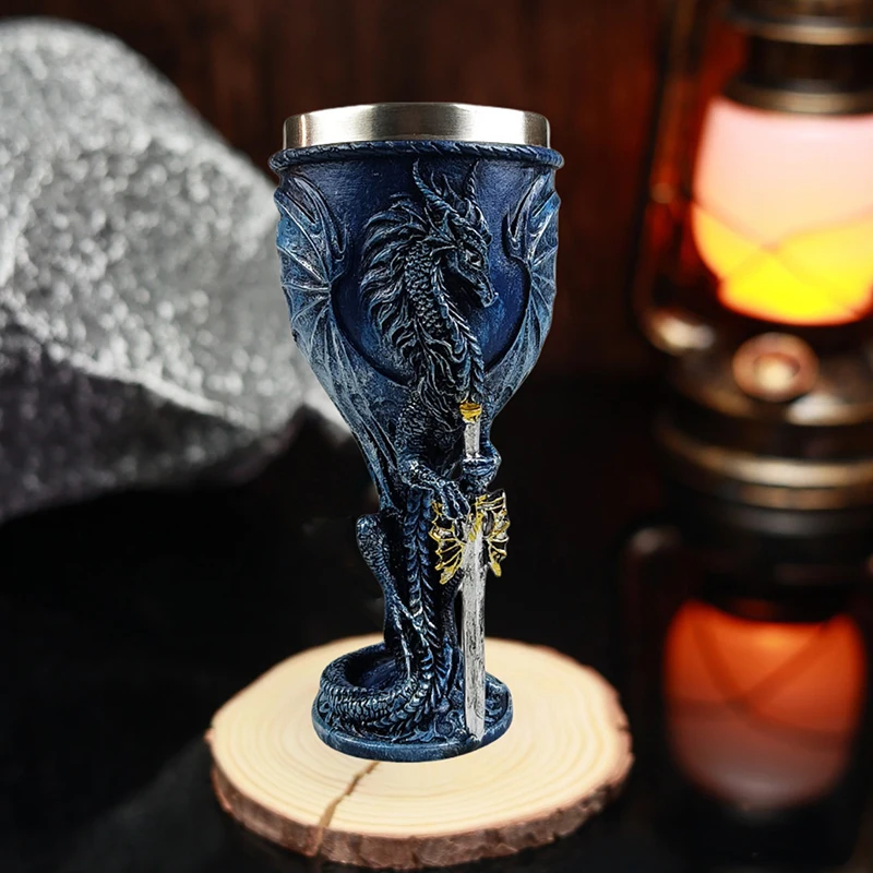 Blue Dragon Goblet Stainless Steel Dungeons And Dragons Gift Chalice Wine Goblet 7 Oz. (Blue Sword Dragon)