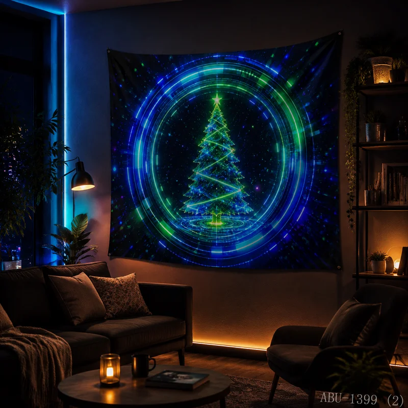 VIKAMA Blue Purple Flowing Light Ice Crystal Christmas Tree Christmas Tapestry Background Hanging Cloth Living Room Room Decor