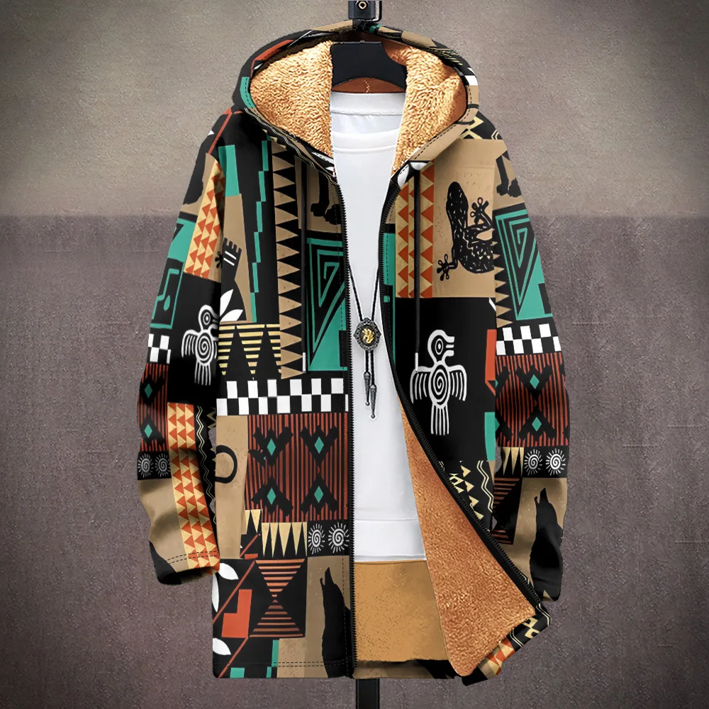 Creative Retro tribal elements 3D Print Winter Long Sleeve Hoodies Zipper Jacket Men Fleece Outerwear Warm Long style Coats