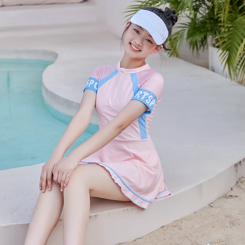 Girl One Piece Swimsuit Dress Short Sleeve Solid Pink Purple 16 Years Teenager Student Children Swimwear Beach Wear 2024 New