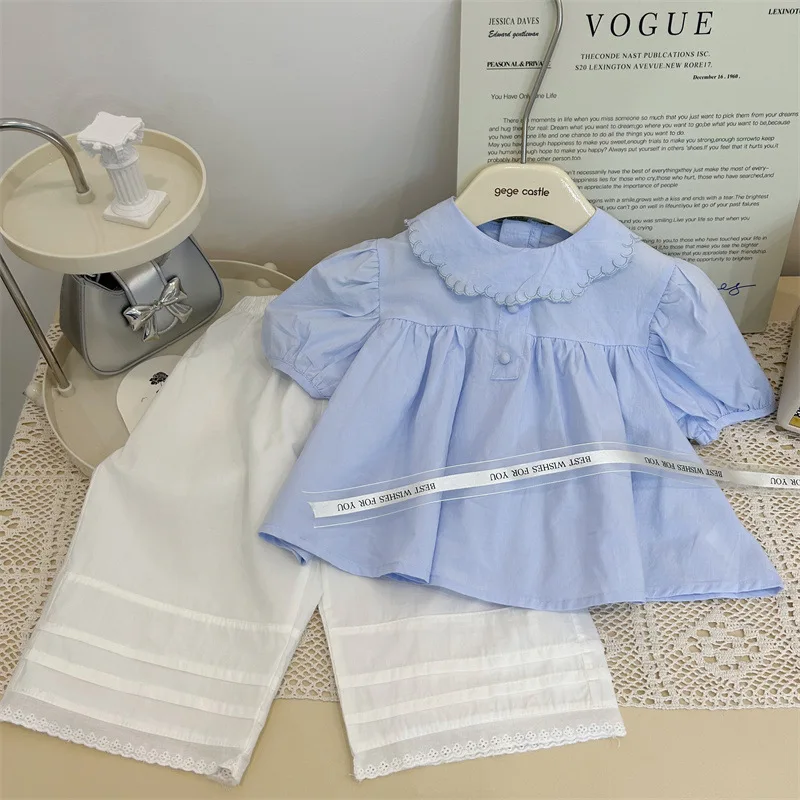 

Girls Top 2024 Summer New Childrens Clothing Korean Style Doll Collar Shirt Children Foreign Style Casual Simple and Versatile