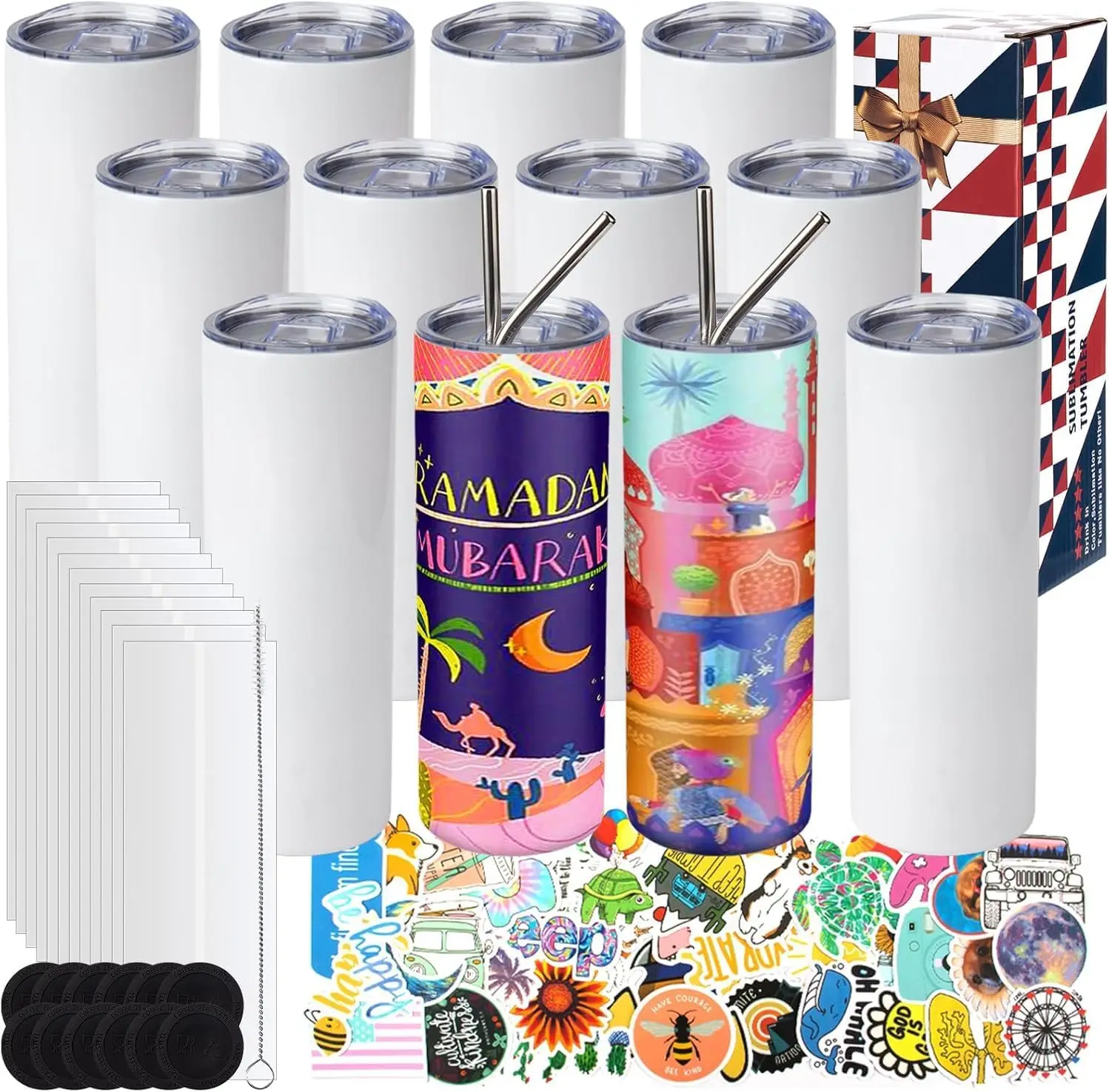 

12-Pack 20 oz Sublimation Tumbler Set, Double-Walled Stainless Steel, Skinny Straight Design with Lid and Straw