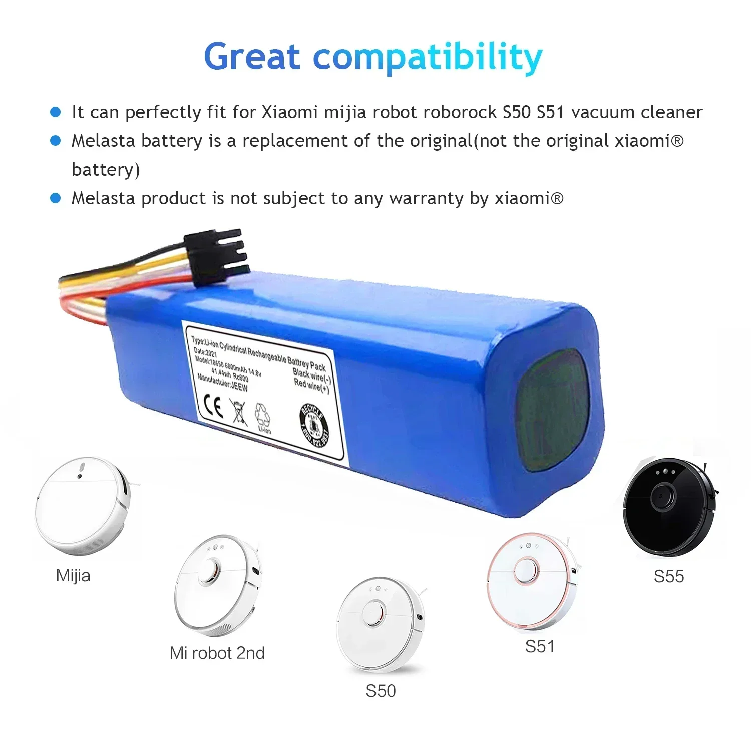 Batteria di ricambio per aspirapolvere robot agli ioni di litio da 6800 mAh per pezzi di ricambio accessori mijia 2nd Robot Roborock S50 S51 S55