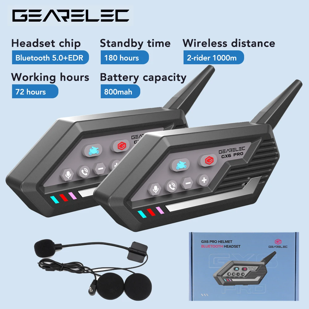 

GEARELEC Motorcycle Helmet Intercom Bluetooth Headset 2 Riders 1000M BT Interphone Communicator Speaker Voice Control GX6 PRO