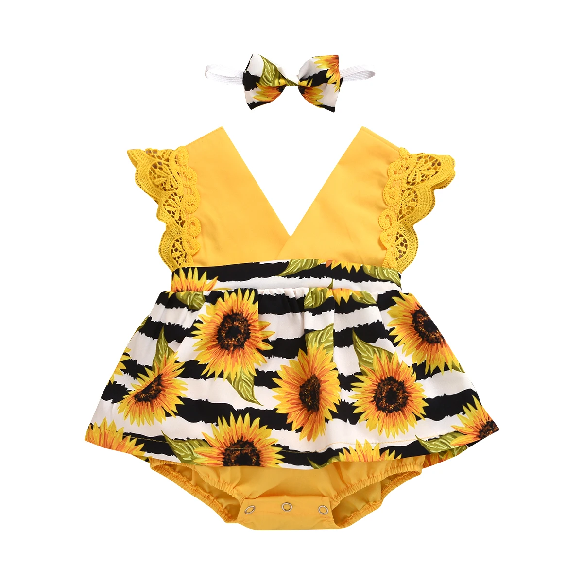 Infant Baby Girls Summer Clothes Set Sunflowers Print Sleeveless V Neck Lace Romper Jumpsuit Headband Infant 2Pcs Outfits