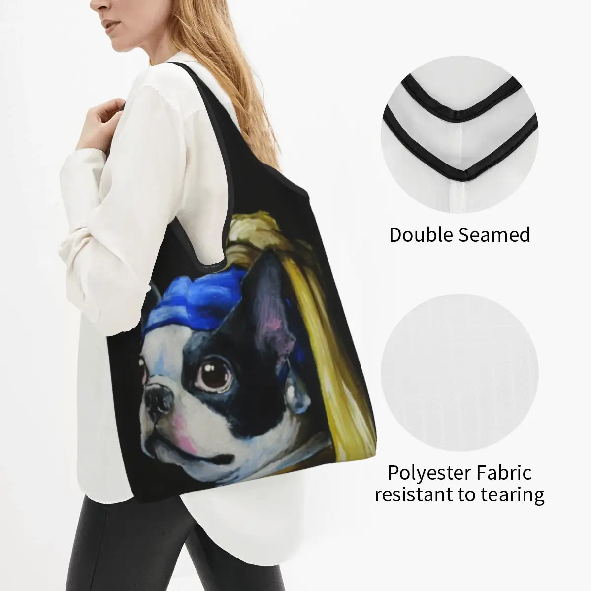 Custom Pearl Earring Groceries Shopping Tote Bags Kawaii Cartoon Boston Terrier Dog Shopper Shoulder Bags Big Capacity Handbag