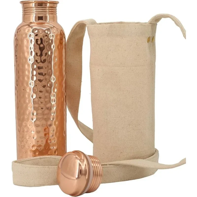 Kitchen Science Copper Water Bottle (32oz/950ml) w/a Carrying Canvas Bag | 100% Pure Copper Bottle for Drinking Water