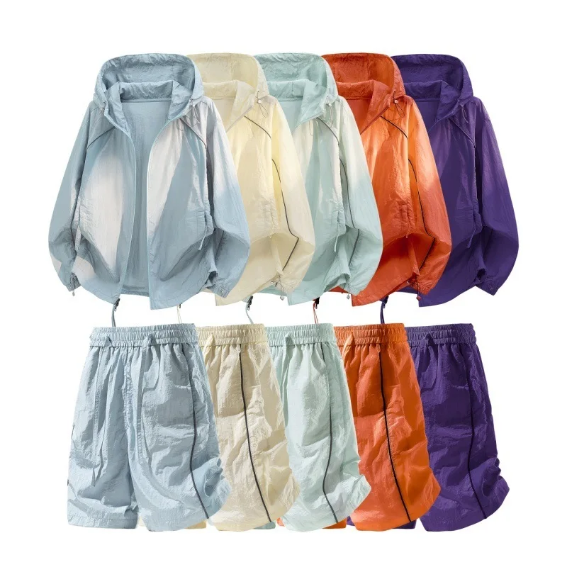 Conjunto de Chaqueta Cortavientos Ligera de Protección Solar y Pantalones Cortos para Verano, para Hombres y Mujeres, 2 Piezas