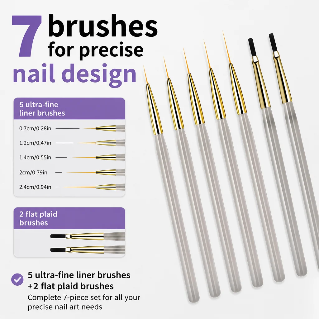 7PCS Nail Art Brush Set 5 Fine Nylon Liner 7/12/14/20/24mm 2 Flat Brushes Plaid Grid Striping UV Gel Painting Manicure Salon DIY