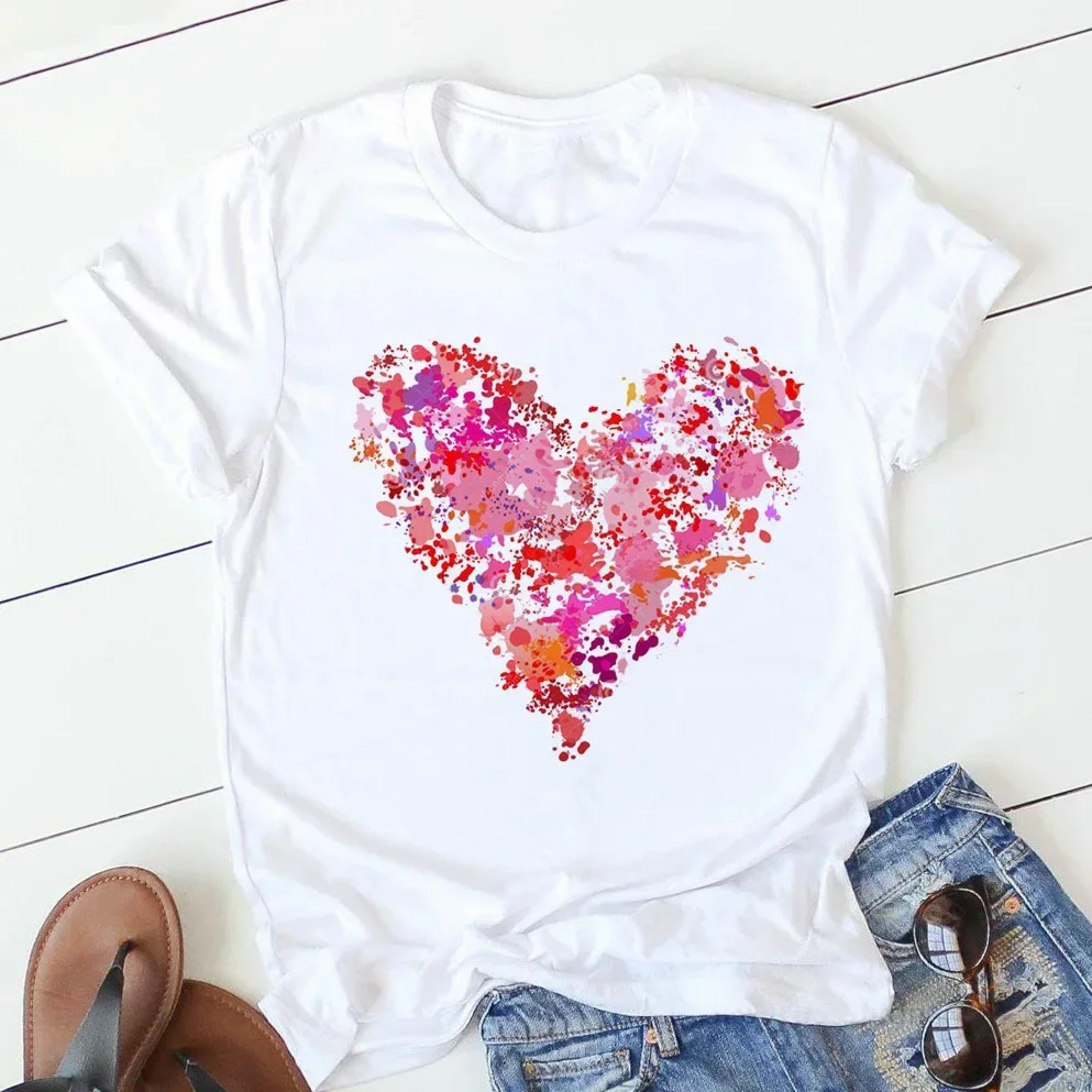 European and American Women's T-shirt Summer Pink Heart Print Basic Round Collar T-shirt Girls Women's Street Summer's soft